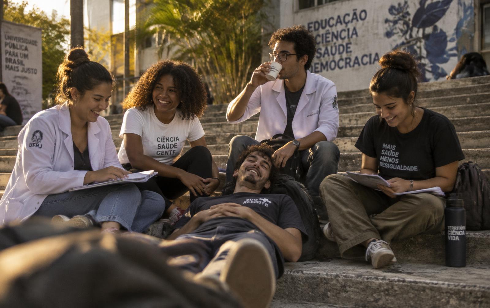 Grupo de estudantes sentados nas escadarias da universidade, conversando e rindo no fim da tarde